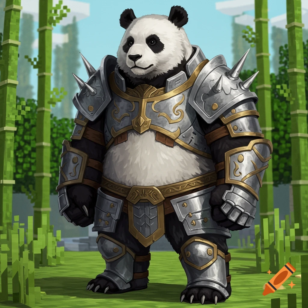 A panda wearing detailed silver and gold armor stands in a pixelated bamboo forest.