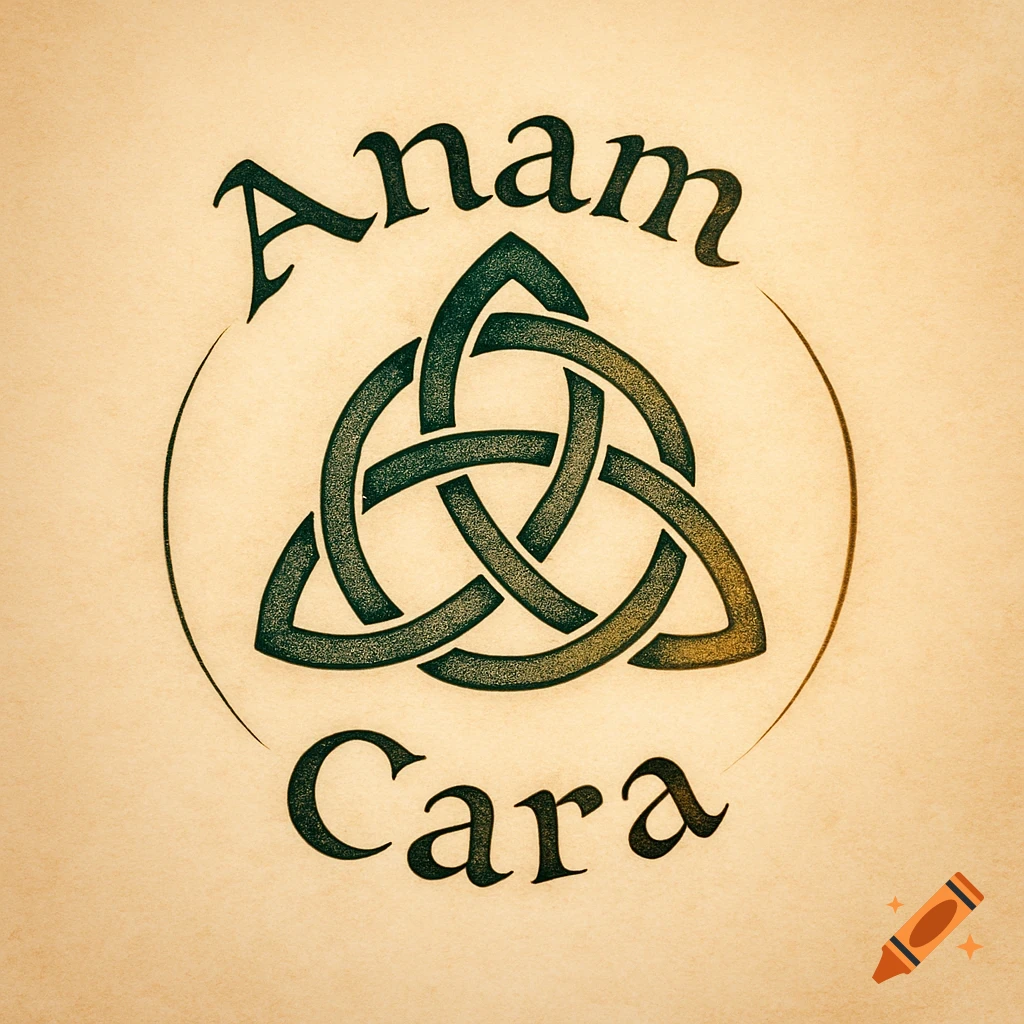 A dark green Celtic knot symbol with 'Anam' above and 'Cara' below, on a parchment-like background.