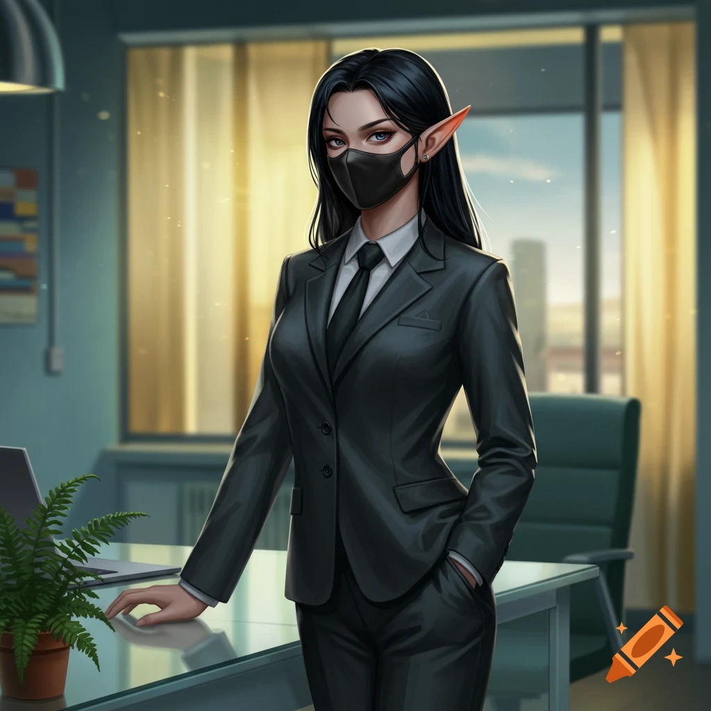 An illustrated elf woman with black hair in a black business suit and face mask stands in an office.
