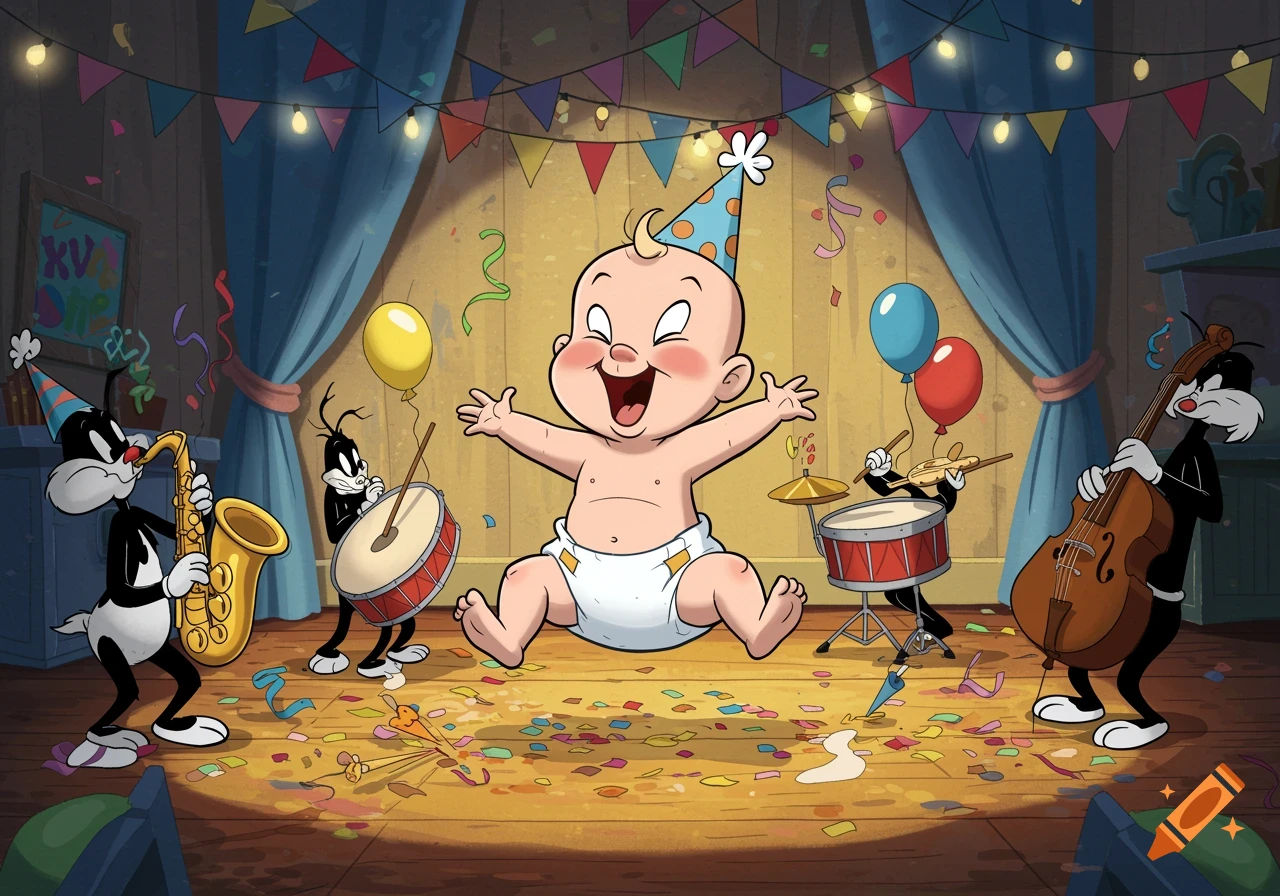 A happy cartoon baby in a party hat sits amidst confetti, with anthropomorphic cat musicians playing instruments at a vibrant celebration.