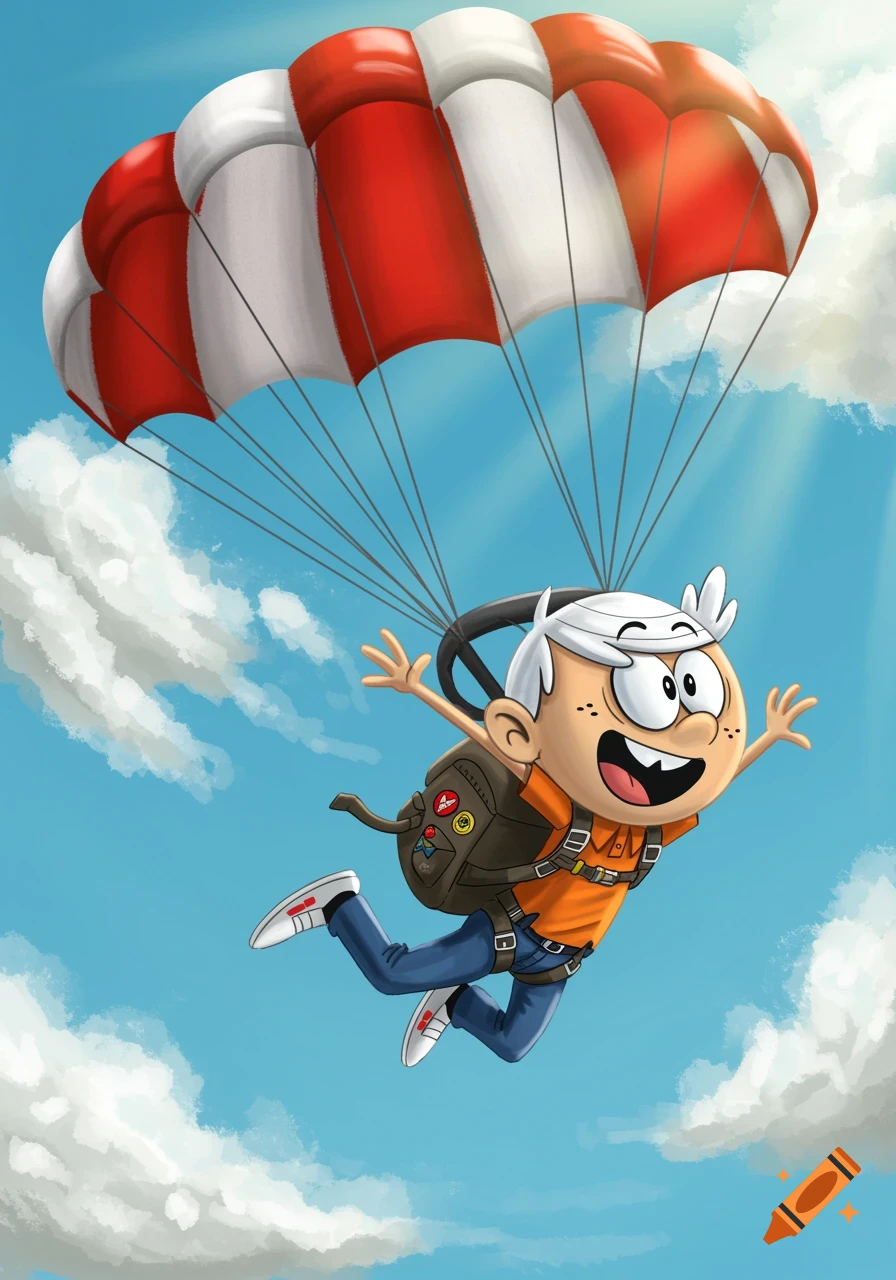 Lincoln Loud from The Loud House skydiving with a red and white parachute in a bright blue sky with clouds, cartoon style.