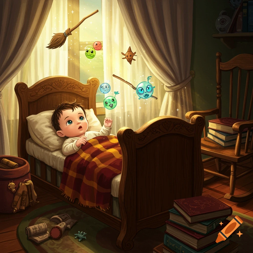 A whimsical illustration of a baby lying in bed, looking up at glowing magical creatures and a flying broomstick in a sunlit room.