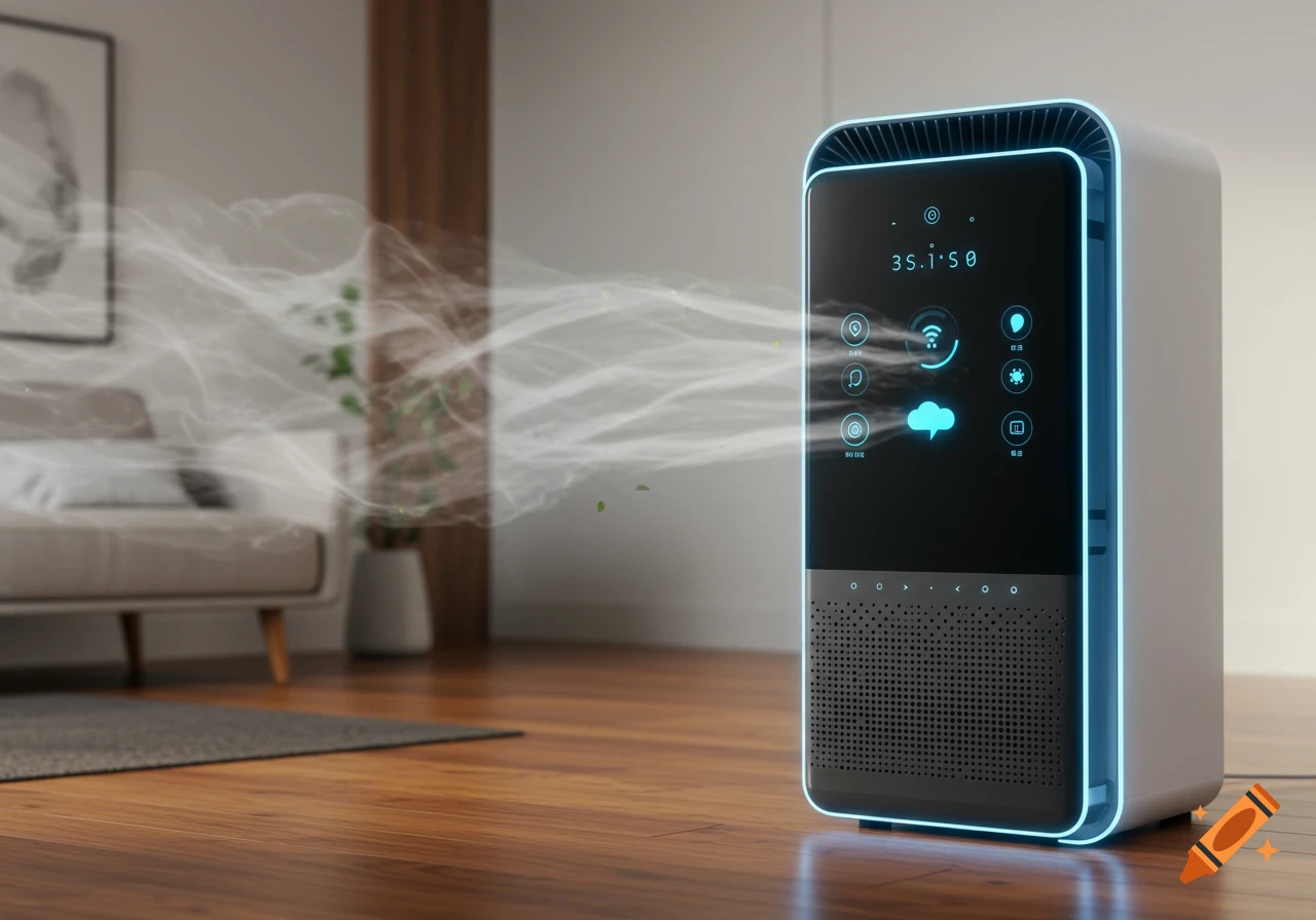 A modern smart air purifier with a glowing blue interface emits clean air into a minimalist living room with wooden floors.