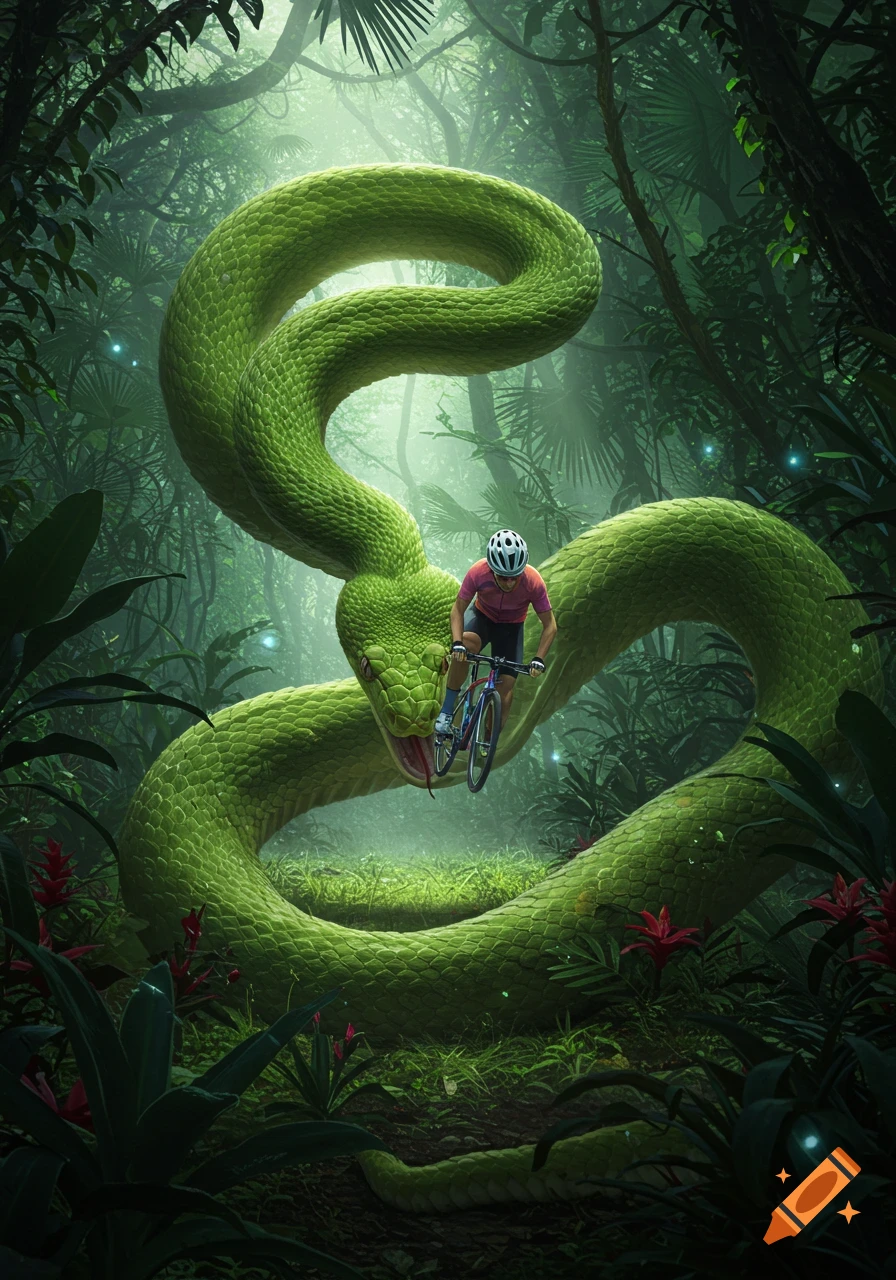A giant green snake with its mouth open looms over a cyclist riding a bike through a lush, misty jungle.
