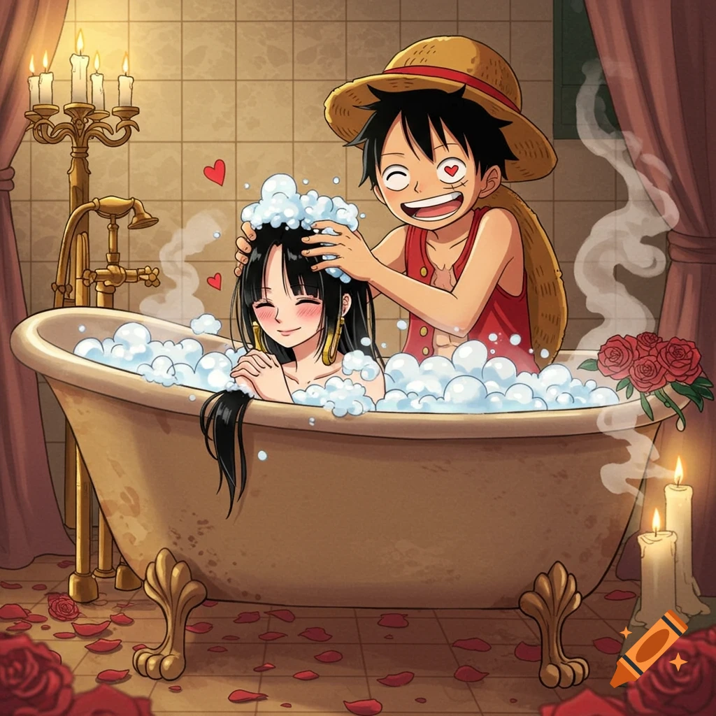 Anime characters Luffy and Hancock in a bathtub. Luffy washes Hancock's hair, surrounded by bubbles, candles, and rose petals.