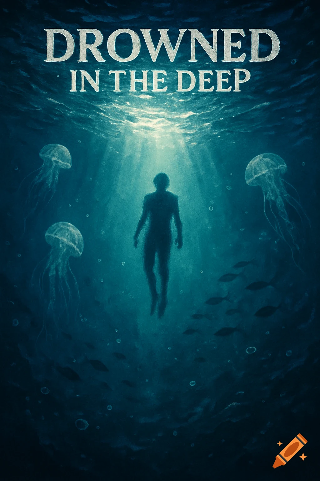 A dark, stylized underwater scene with a silhouetted figure floating, surrounded by jellyfish and fish. Title: DROWNED IN THE DEEP.