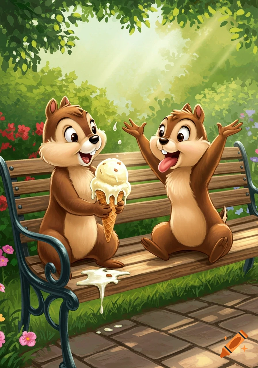 Cartoon chipmunks Chip and Dale on a park bench, one holding a melting vanilla ice cream cone while the other looks excited in a sunny park.