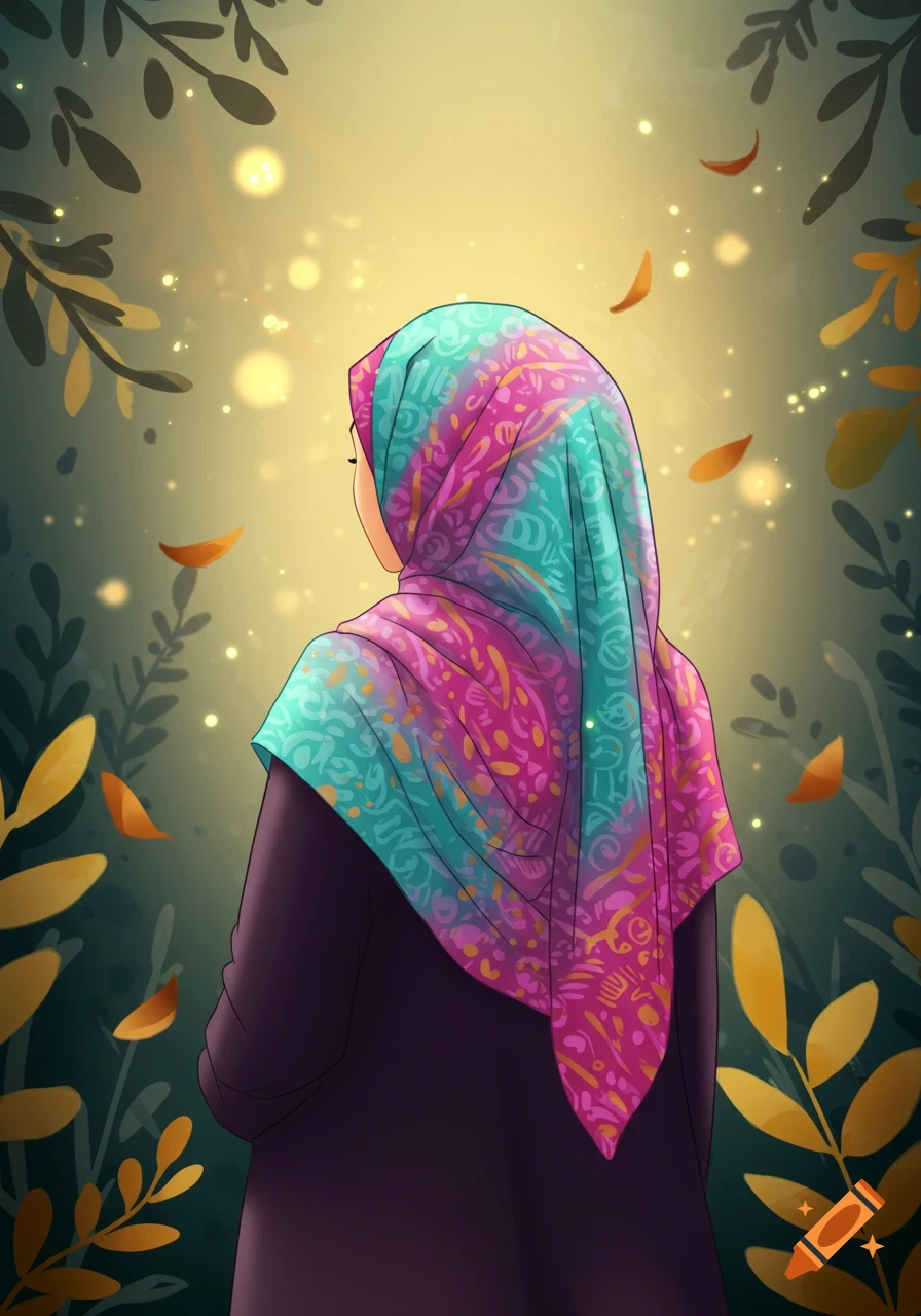 Cartoon illustration of a hijabi girl with a vibrant turquoise and pink patterned hijab, viewed from the back, in a magical forest.