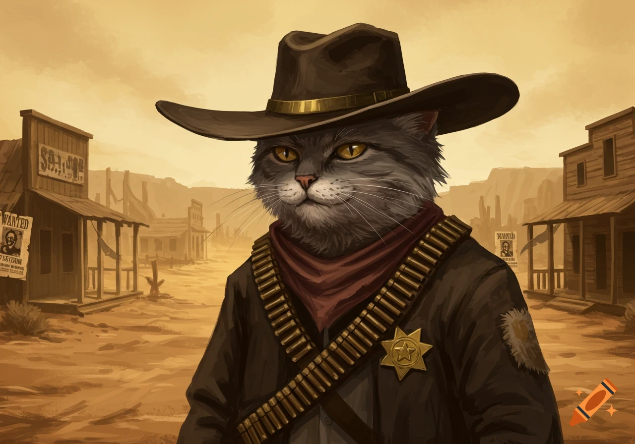 A serious grey cat wearing a cowboy hat, red bandana, sheriff's badge, and bullet belt stands in a dusty Old West town.