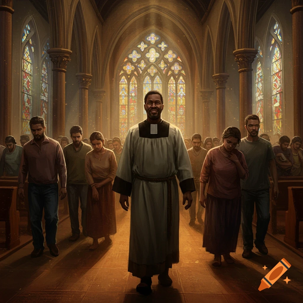 A smiling pastor leads a diverse congregation down a church aisle, bathed in light from stained glass windows, in a photorealistic style.