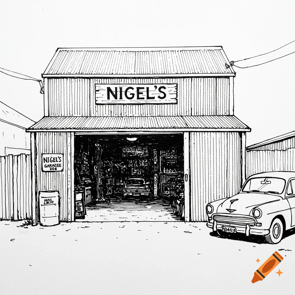 A simple black felt tip drawing of Nigel's garage with a classic car parked outside.