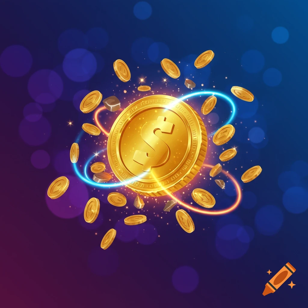 Golden dollar coins floating with glowing light effects on a dark blue and purple bokeh background.