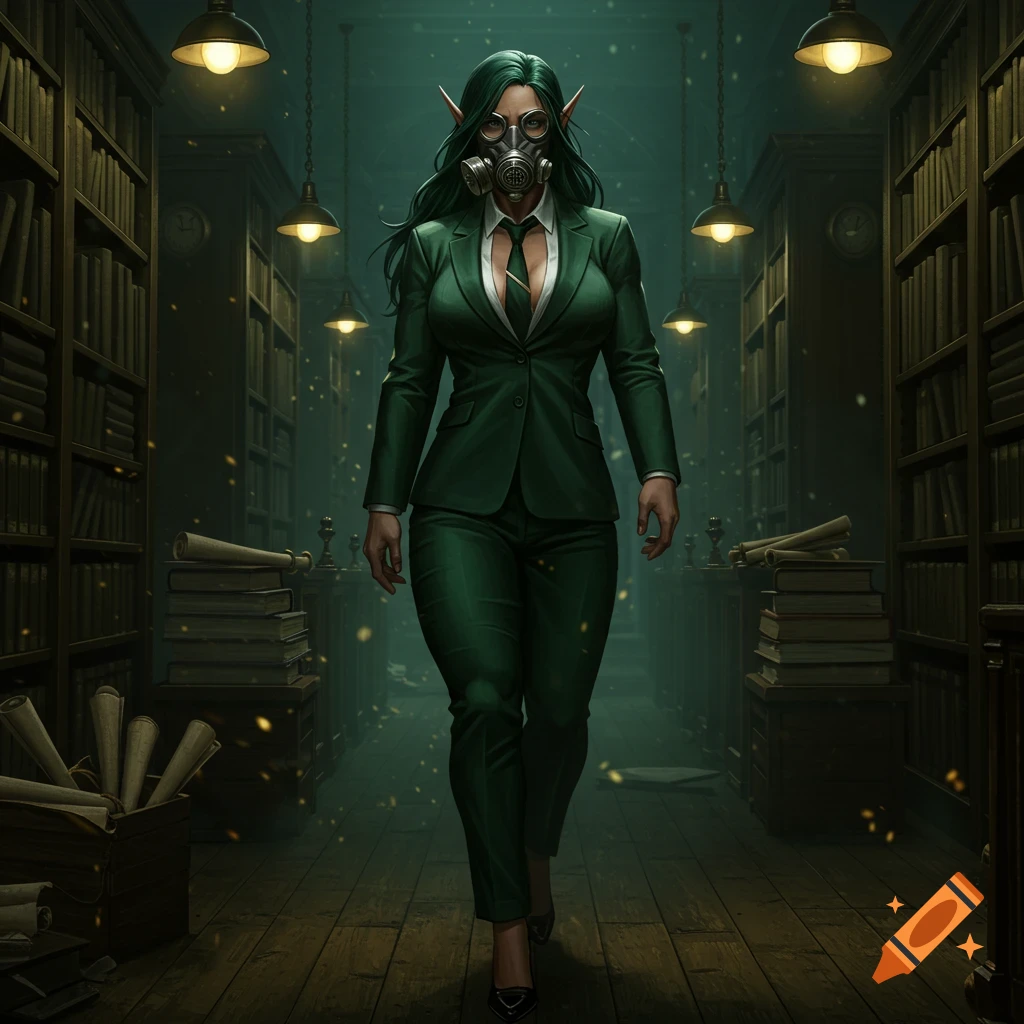 A female elf with green hair wearing a gas mask and a green office suit walks through a dark, dusty archive room filled with bookshelves, in a photorealistic style.