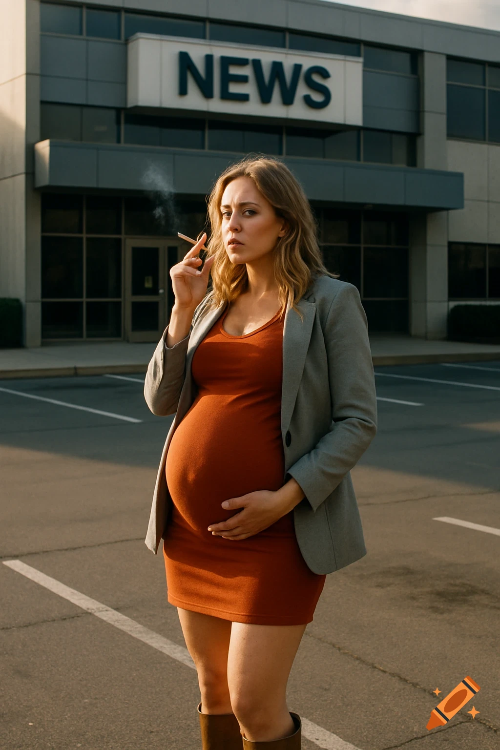 A pregnant woman in a rust-orange dress and blazer smokes a cigarette outside a NEWS building in a parking lot, looking tense.