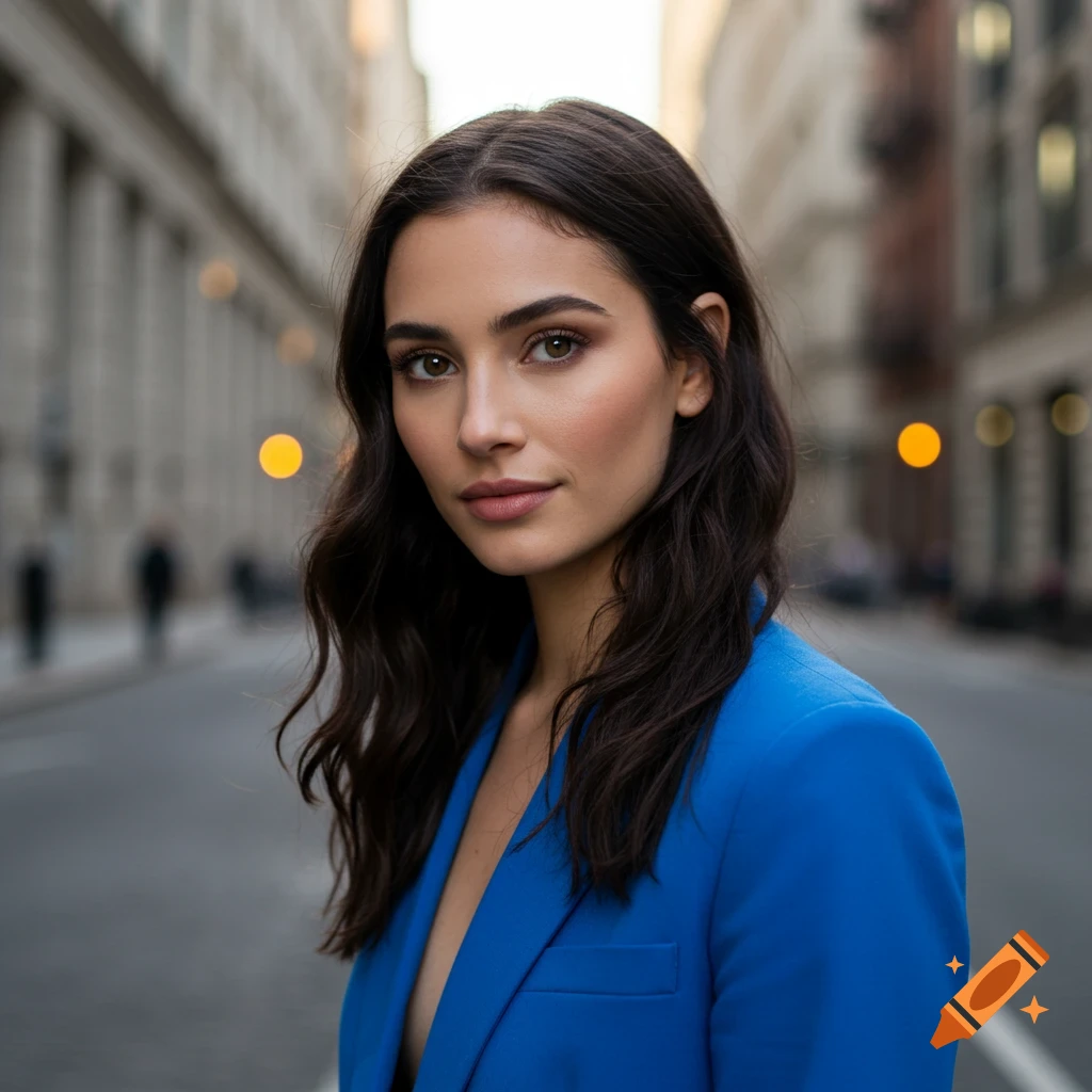 A photorealistic portrait of a woman with dark wavy hair in a blue blazer on a city street.