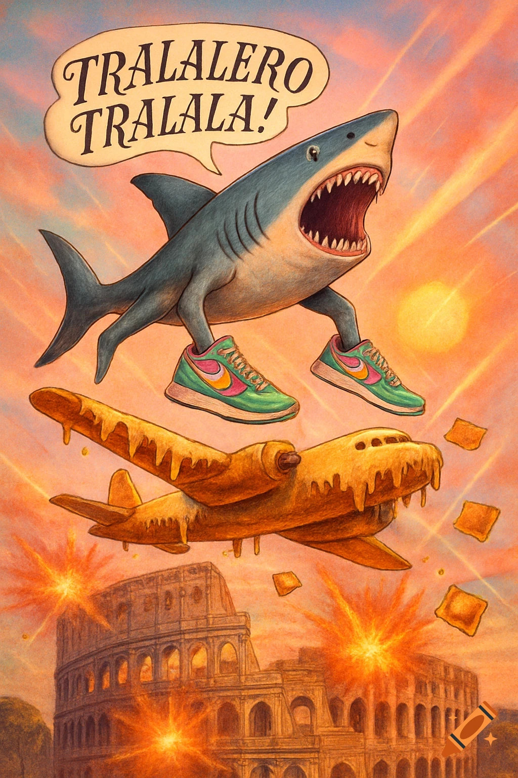 A cartoon shark with two legs wearing sneakers yells 'TRALALERO TRALALA!' while flying over a melting lasagna airplane and an exploding Colosseum at sunset.