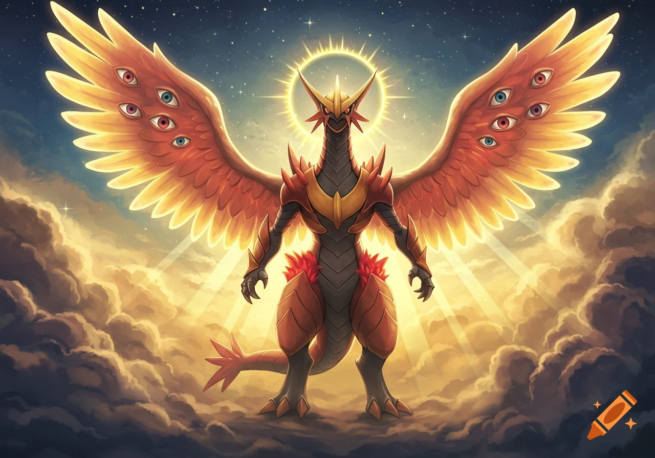 Majestic winged dragon-like creature with many eyes on fiery wings, a halo, and gold armor stands on clouds with sun rays.