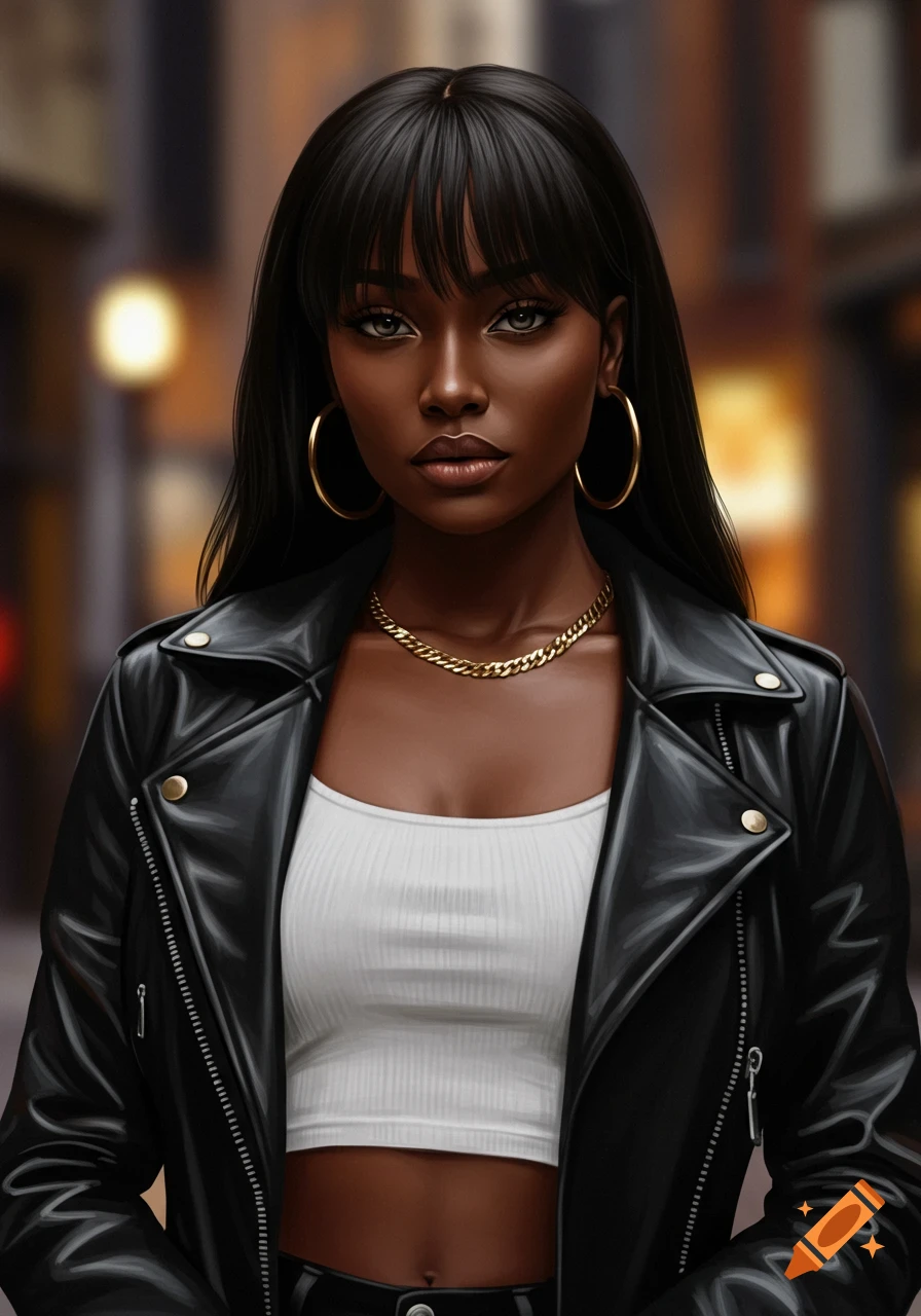 A digital art portrait of a young Black woman with bangs, wearing a white crop top, black leather jacket, gold hoop earrings, and a gold necklace.