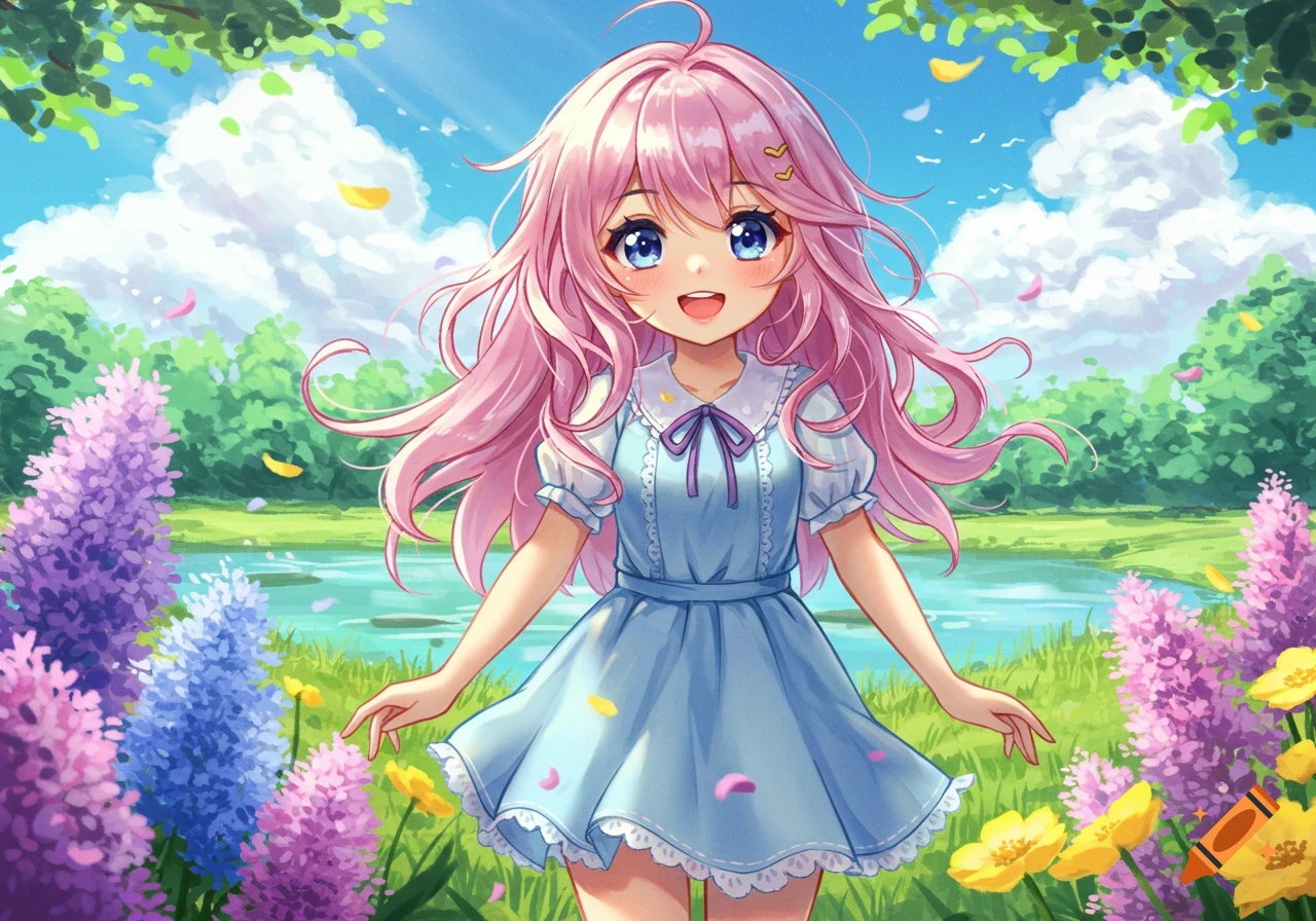 Smiling anime girl with pink hair and a blue dress stands in a colorful flower field with a pond, under a sunny sky with floating petals.