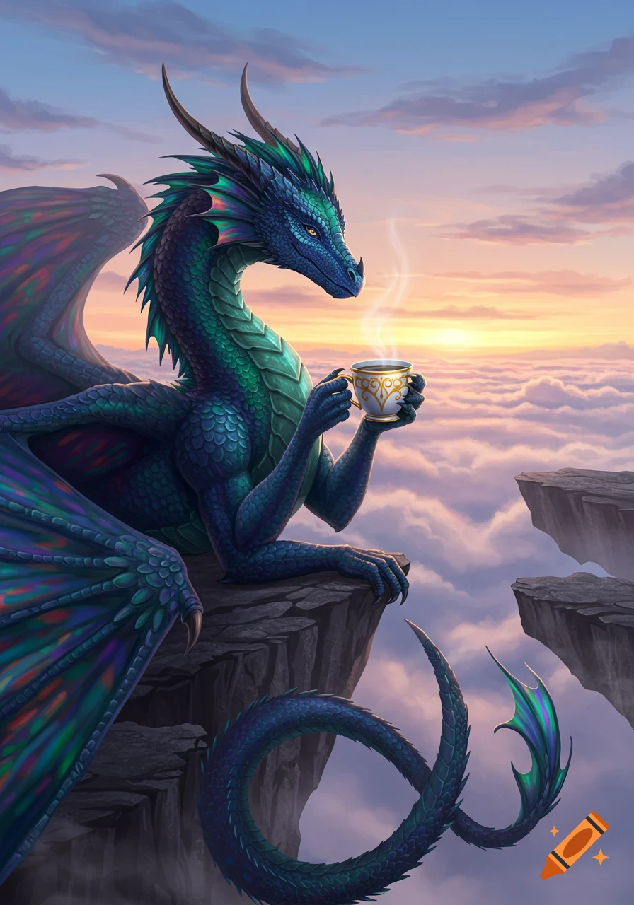 A majestic blue-green dragon sits on a cliff above clouds, gently holding a steaming teacup during sunrise.