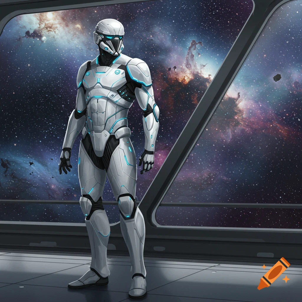 A futuristic white and black armored figure stands inside a spaceship, gazing out a window at a vibrant nebula and stars.