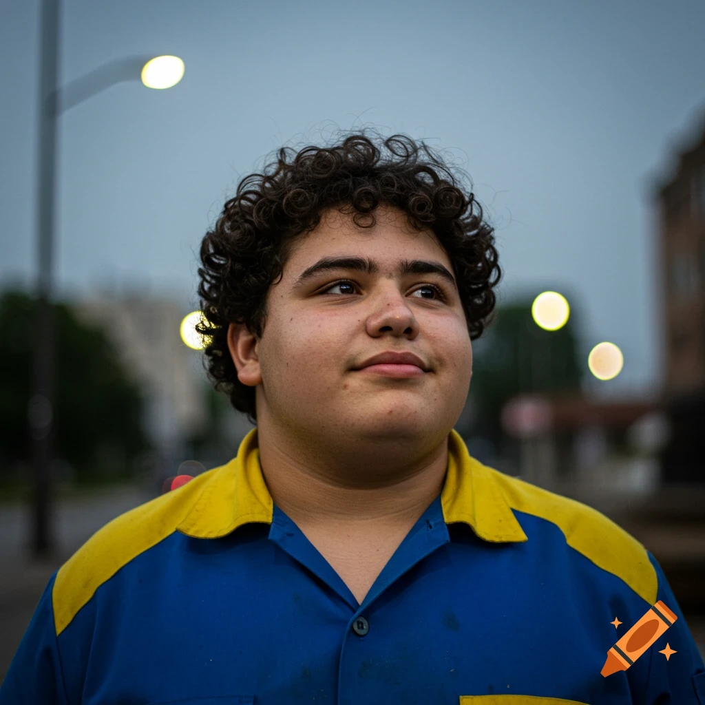 Photorealistic portrait of a young man with curly hair, wearing a blue and yellow work shirt, against a blurred urban background with streetlights.