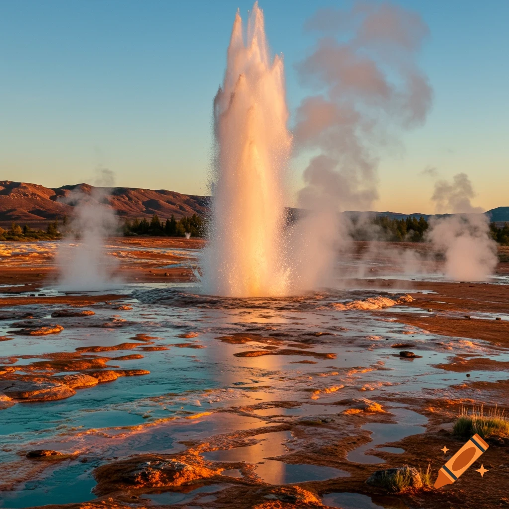 A powerful geyser erupting steam and water high into the air at sunset, with mineral-rich ground and distant mountains.