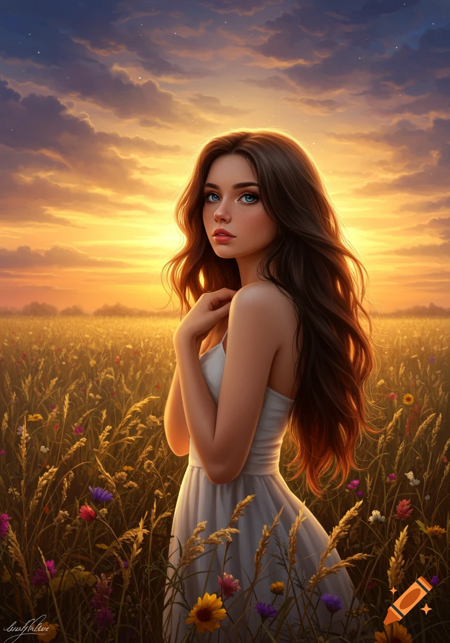 Digital art portrait of a beautiful brunette girl in a sunset field of wheat and wildflowers, looking over her shoulder.