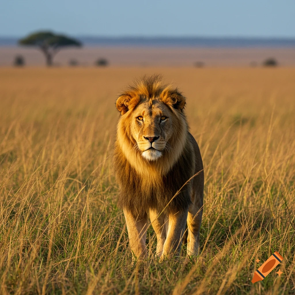 Photorealistic image of a male lion standing in tall golden grass, looking directly at the viewer.