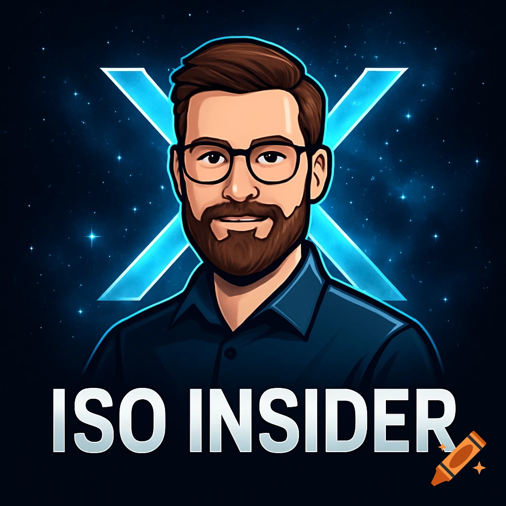 Digital art logo of a cartoon man with a beard and glasses, with a glowing blue X and stars in the background, text reads 'ISO INSIDER'.