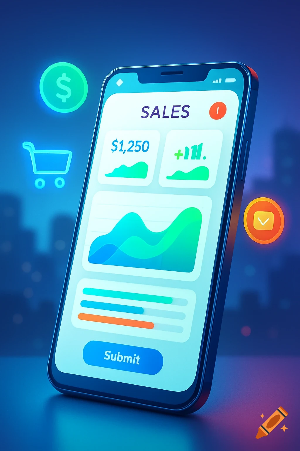 Smartphone displaying a glowing sales app with charts, financial data, and a 'Submit' button, set against a blurred city background.