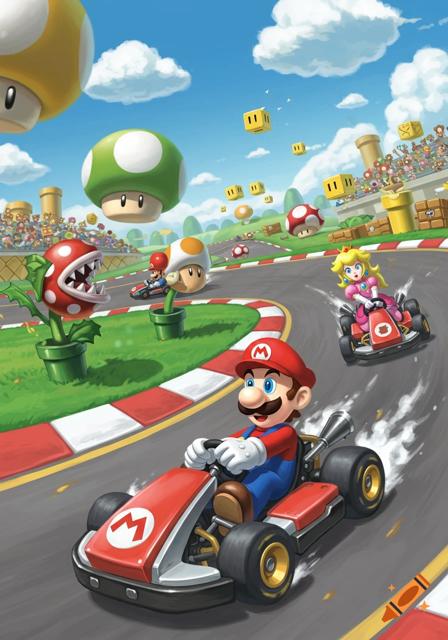 Mario and Princess Peach racing karts on a colorful Mario Kart circuit track with power-ups and spectators.