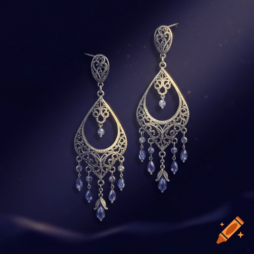 Two ornate silver chandelier earrings with blue teardrop gems hang against a dark blue background.