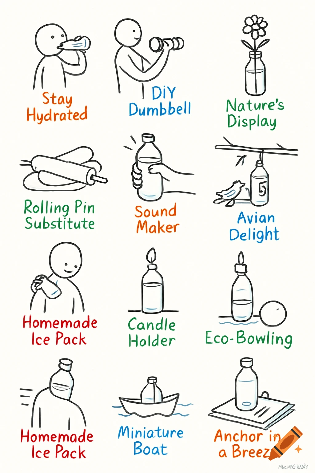 A sketch sheet with 12 simple line-art drawings illustrating different uses for a water bottle, each with a text label.