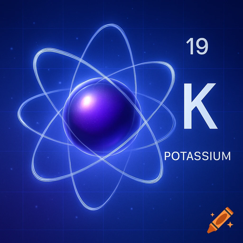 A glowing purple atomic structure with electrons orbiting, alongside the chemical symbol 'K', atomic number '19', and 'POTASSIUM' on a blue grid background.