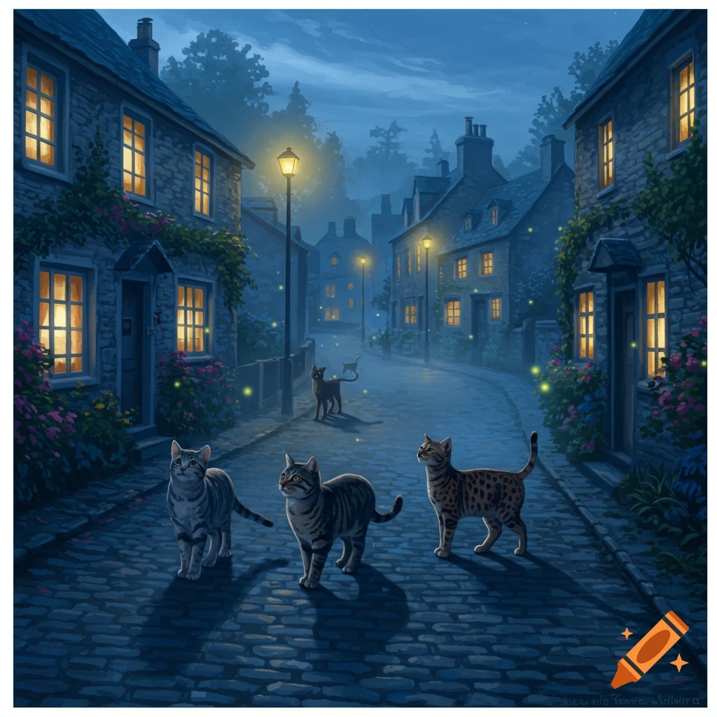 Painterly illustration of three cats on a cobblestone street at night, with glowing windows in charming townhouses and distant streetlights.