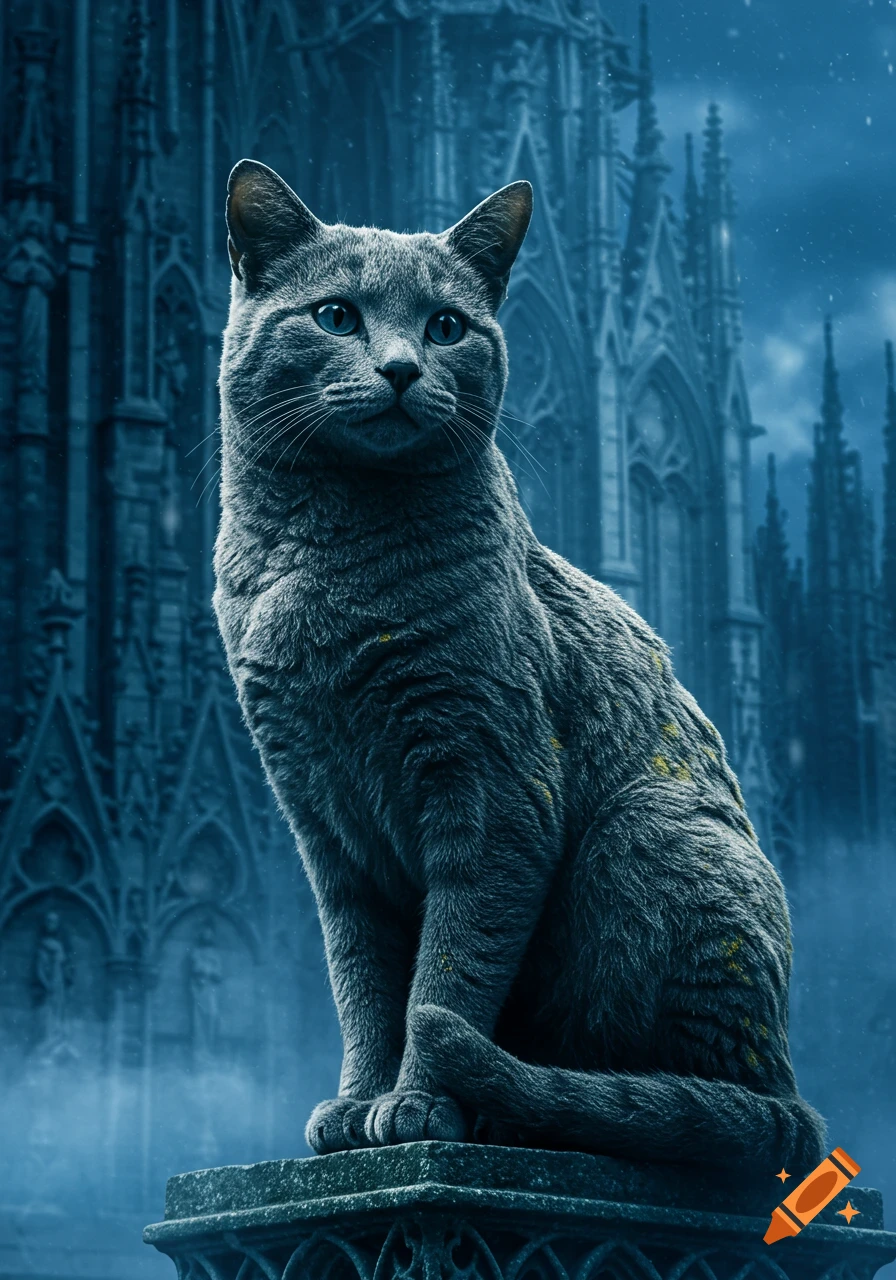 A photorealistic gray cat with blue eyes sits on a stone pedestal in front of a dark, gothic building under a snowy blue sky.