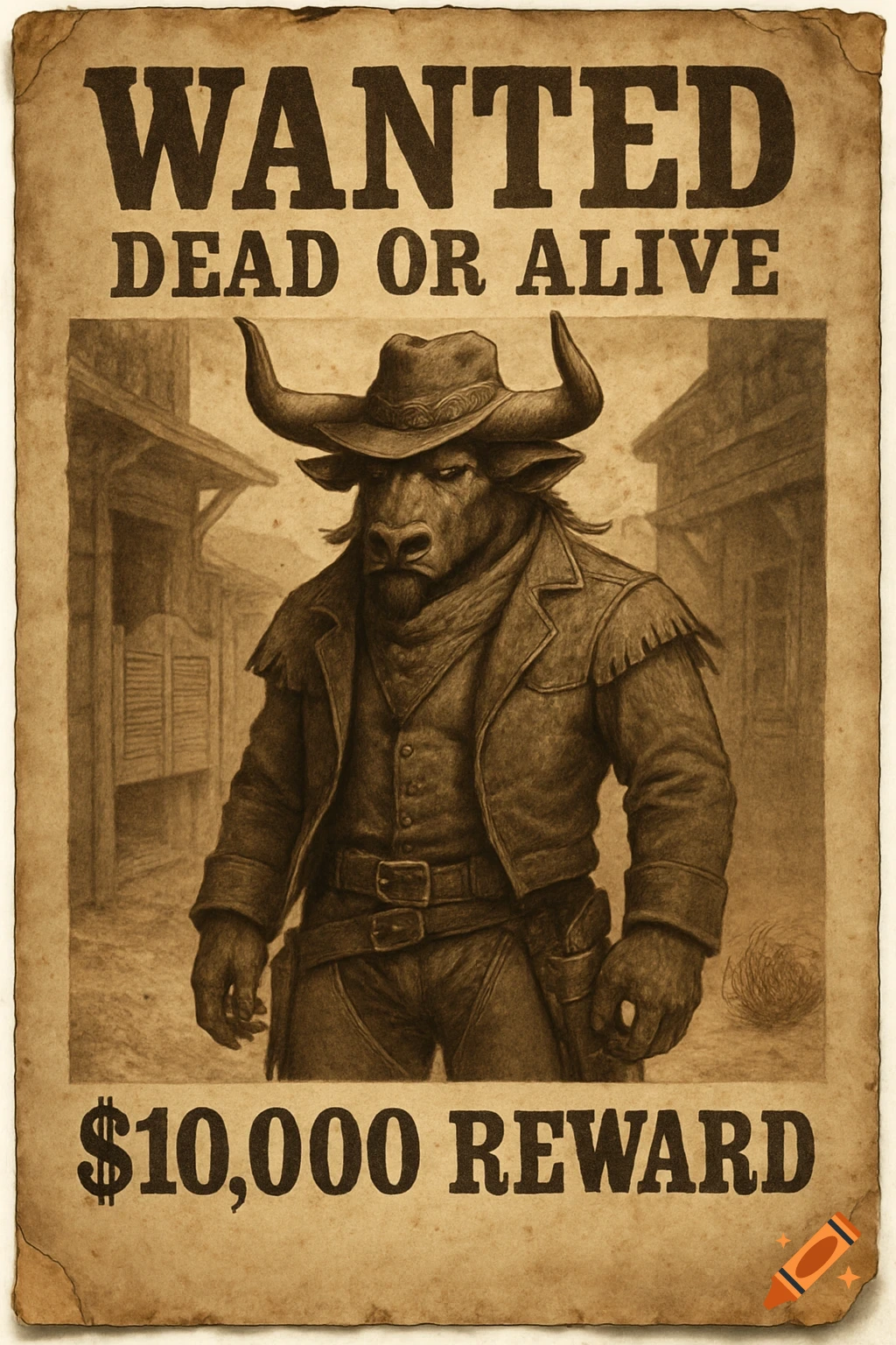 Sepia-toned wanted poster showing a minotaur cowboy wearing a hat and jacket, with 'WANTED DEAD OR ALIVE' and a '$10,000 REWARD'.