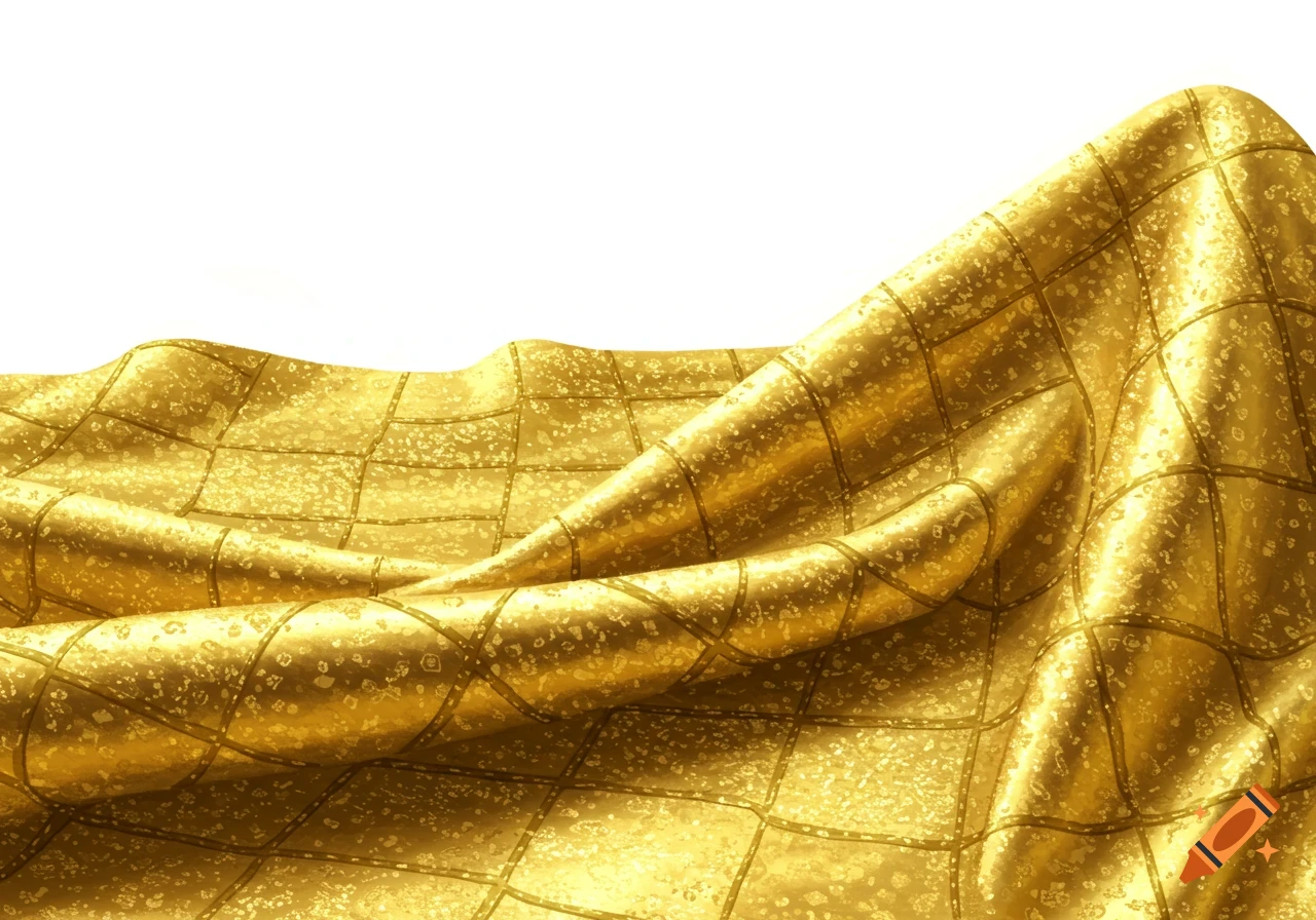 Wavy gold fabric with a grid pattern and speckled texture on a white background.