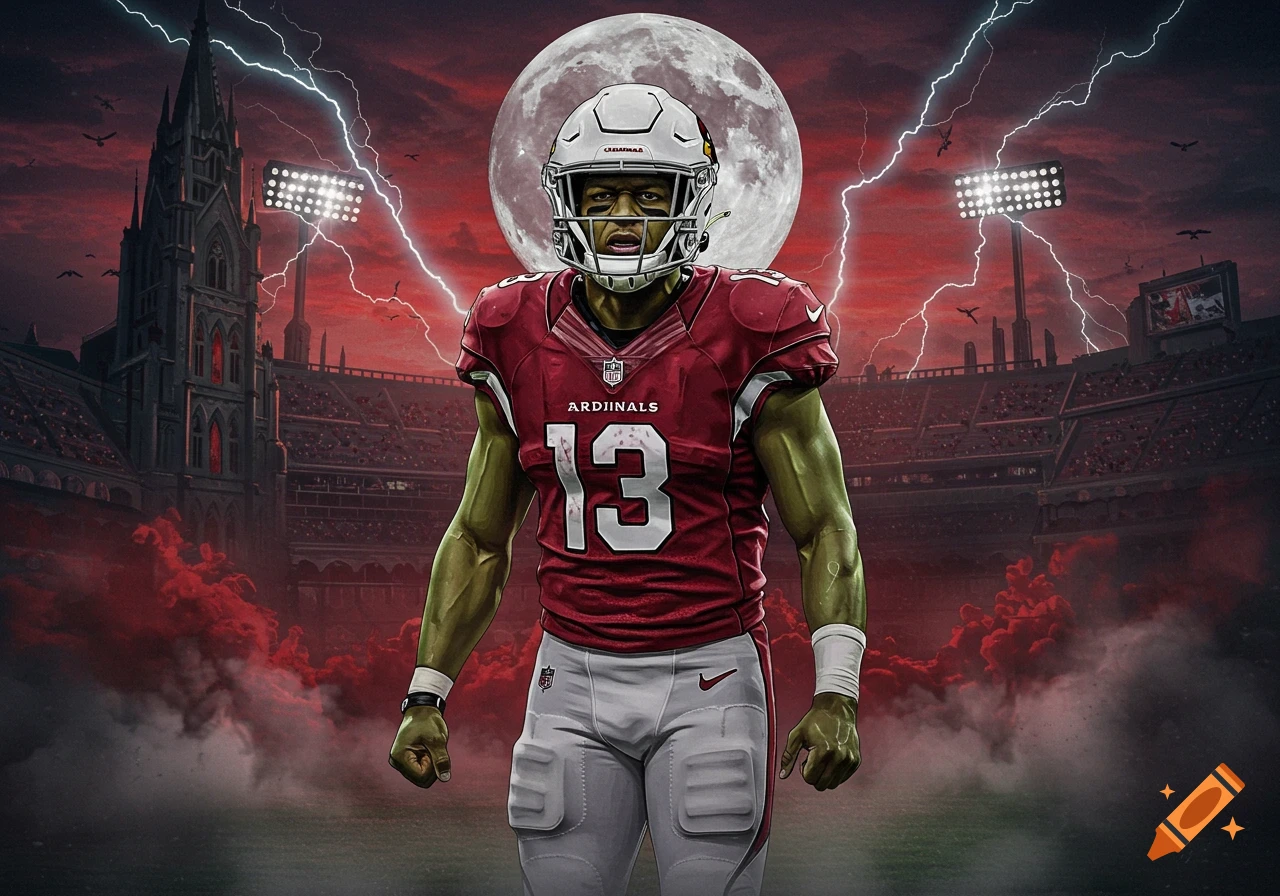 A green-skinned football player in a red Arizona Cardinals jersey with number 13 stands in a stormy stadium under a full moon with lightning.