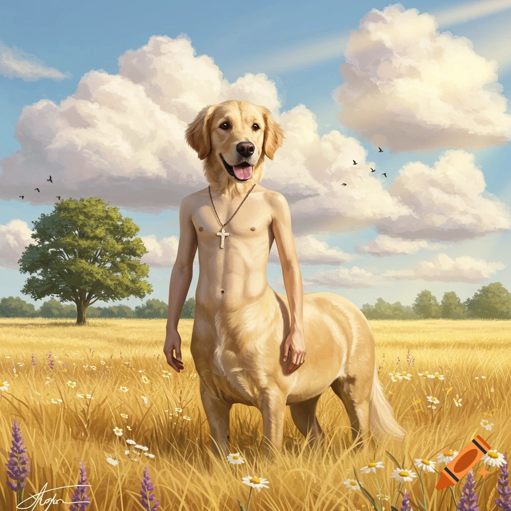 A golden retriever centaur with a human torso wearing a cross necklace stands in a sunny field of tall grass and wildflowers.