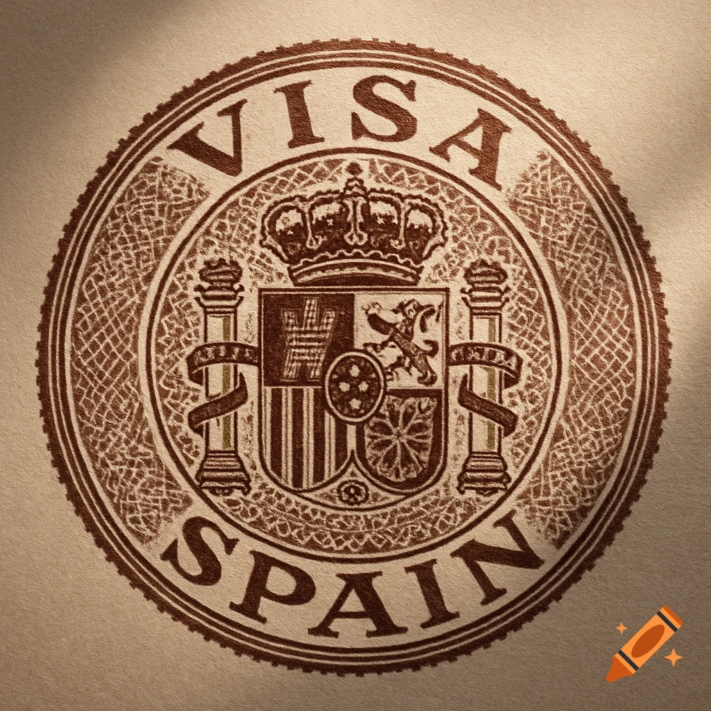 A brown, circular stamp with 'VISA' and 'SPAIN' and the Spanish coat of arms, embossed on textured beige paper.