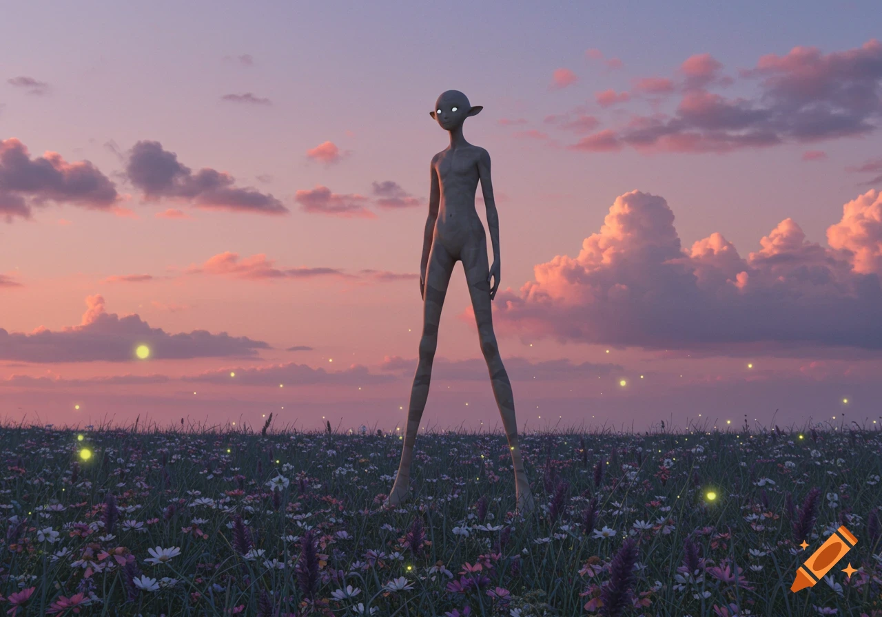 A tall, grey alien with glowing eyes stands in a field of wildflowers under a pink and purple sunset sky, with glowing fireflies.