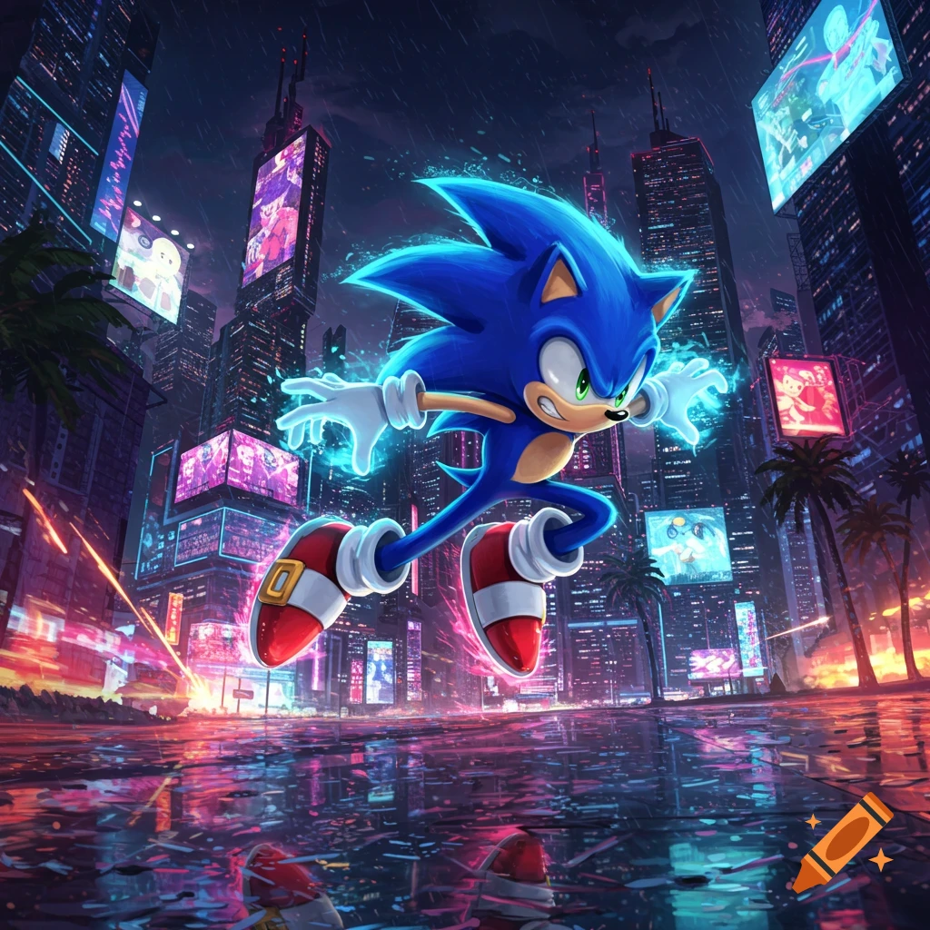 Sonic the Hedgehog leaps through a neon-lit futuristic city at night, with bright reflections on the wet ground.