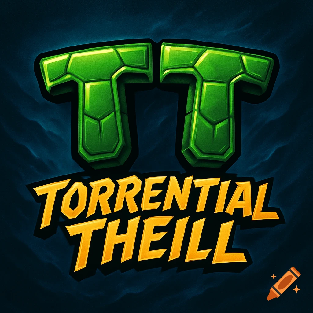 Green 'TT' logo above yellow stylized text 'TORRENTIAL THEILL' on a dark, cloudy background, in a comic book style.