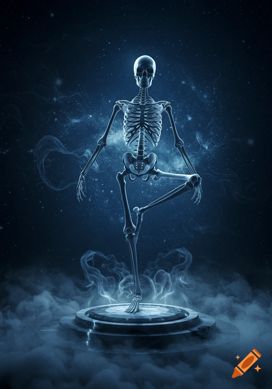 A stylized glowing skeleton in a tree pose stands on a smoky pedestal against a dark, starry background.