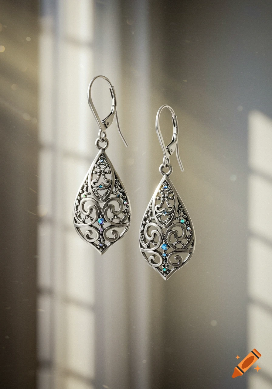A pair of ornate silver teardrop earrings with scrollwork and tiny colorful gems, illuminated by sunlight.