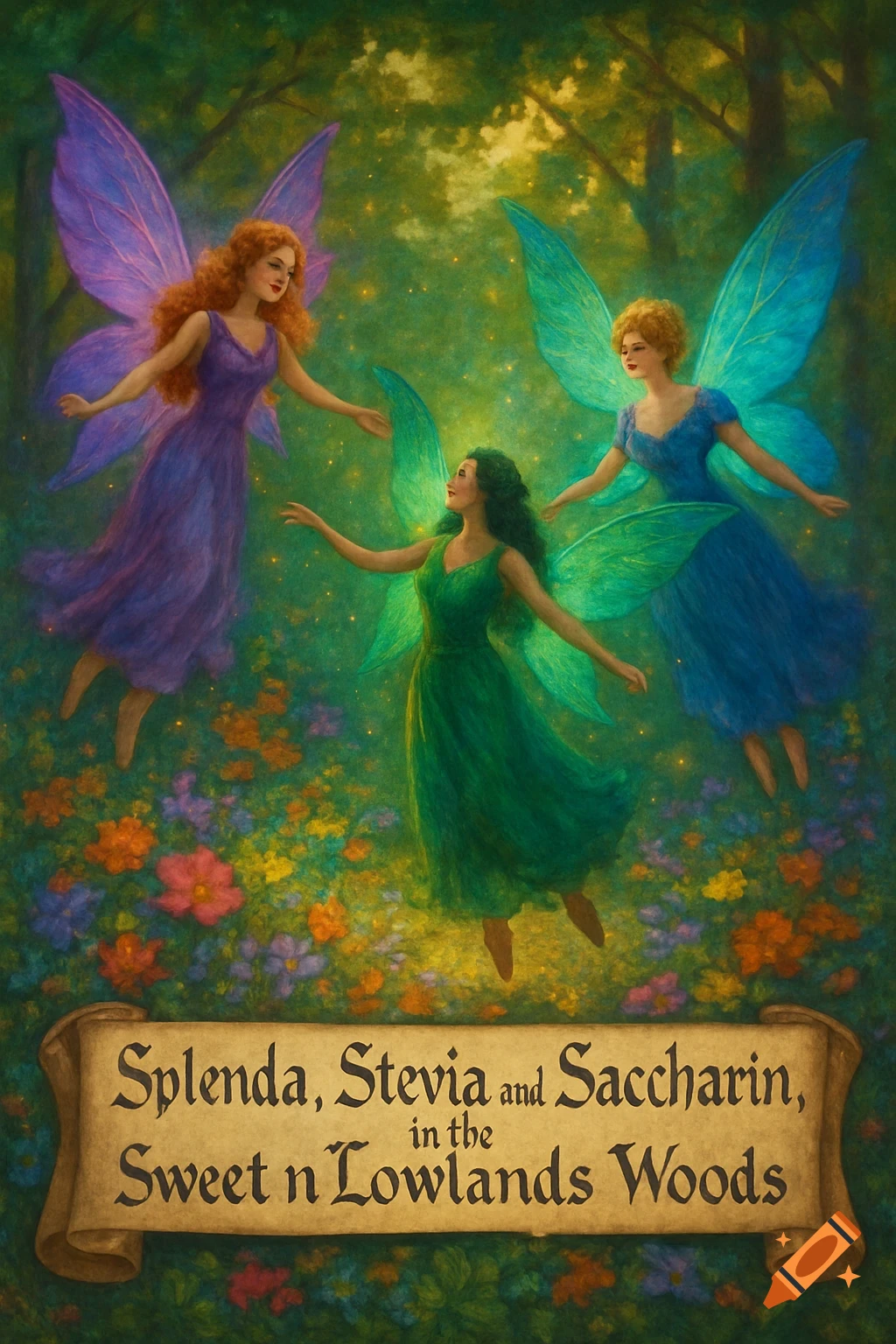 Three colorful fairies with vibrant wings fly above a forest floor filled with wildflowers, with a banner below showing text in a calligraphy font.