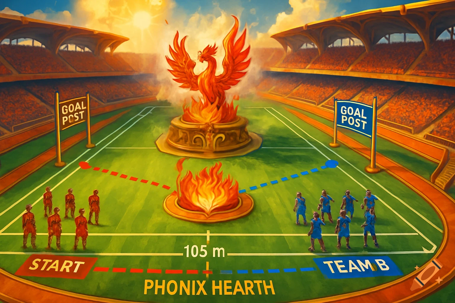A stylized stadium field at sunset with a large phoenix statue and fire at the center, two teams, and goal posts.