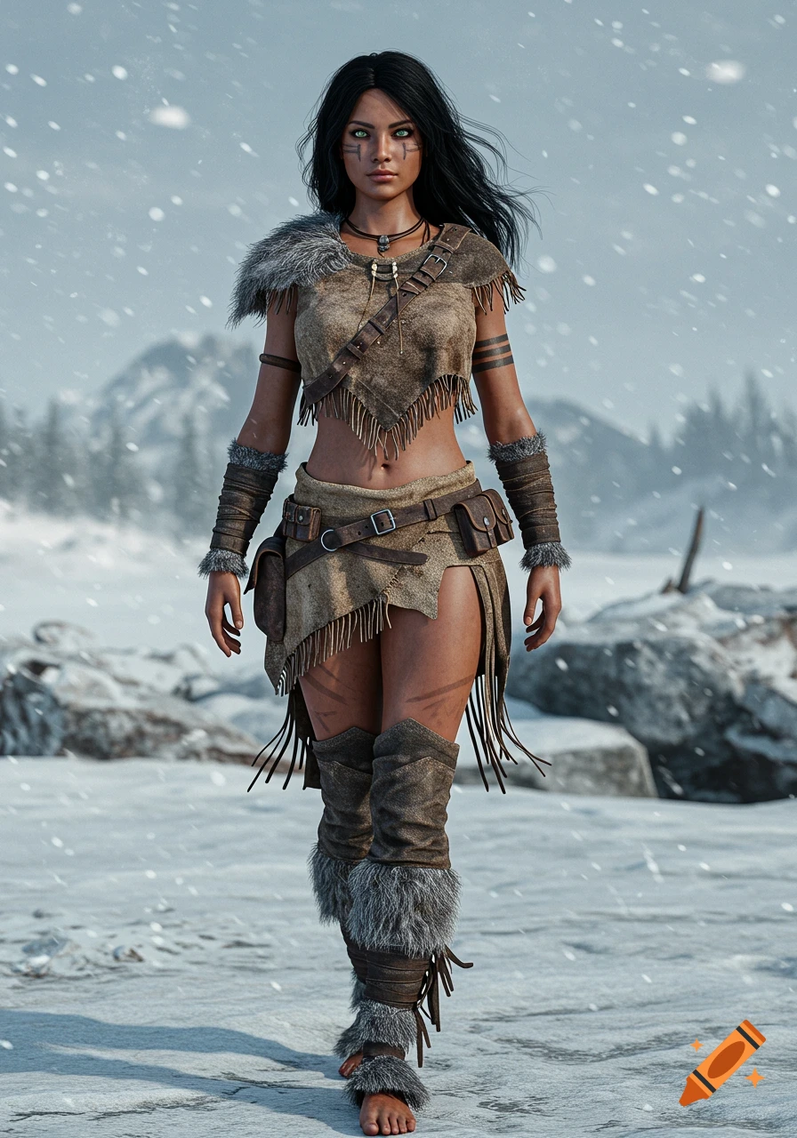 Hyper-realistic portrait of a post-apocalyptic woman in a fringed fur and leather outfit, walking in a snowy, mountainous area.